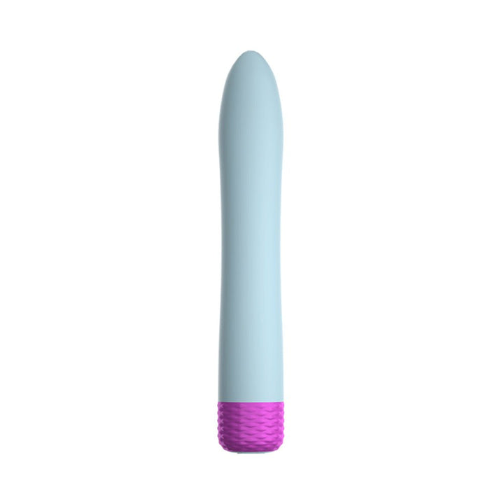 Sleek light blue flexible bullet vibrator with textured purple base on white background.