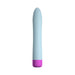 Sleek light blue flexible bullet vibrator with textured purple base on white background.