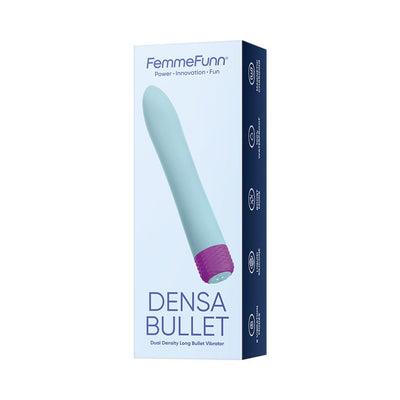 Femme Funn Densa Bullet vibrator in light blue with purple base shown on product packaging box.
