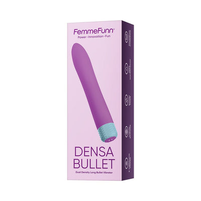 Femme Funn Densa Flexible Bullet vibrator in purple with textured base shown on product packaging box.