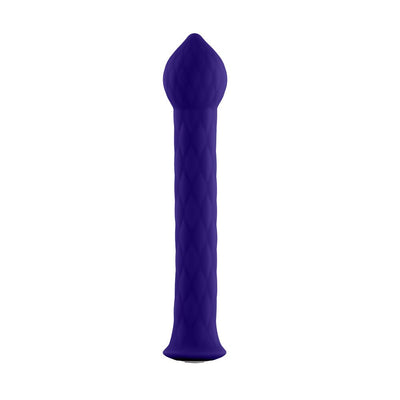Purple textured silicone wand with pointed tip and slim ergonomic design for targeted stimulation.