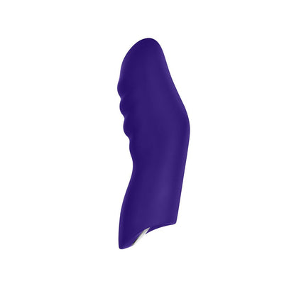 Dark purple ergonomic wearable finger vibrator with textured ridges and smooth silicone finish.