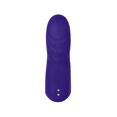 Dark purple ergonomic wearable finger vibrator with textured surface and magnetic charging points.