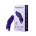 Dark purple Femme Funn Dioni wearable finger vibrator with ergonomic design and packaging box.