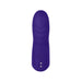 Dark purple ergonomic wearable finger vibrator with textured surface and magnetic charging points.