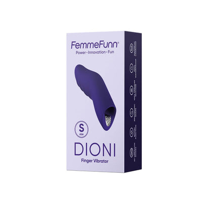 Femme Funn Dioni wearable finger vibrator in dark purple shown in its packaging box.