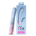 Light blue and pink Femme Funn Ffix Rabbit vibrator with dual motors shown next to its matching blue packaging box.