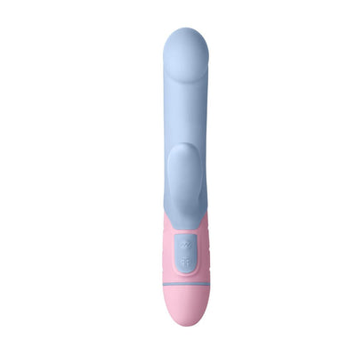 Light blue and pink battery-operated rabbit vibrator with dual controls and a smooth, ergonomic design.