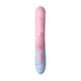 Pink and blue battery-operated rabbit vibrator with dual controls and a smooth design.