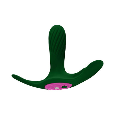 Dark green wearable vibrator with textured vertical ridges and a slim ergonomic base featuring a pink control panel.