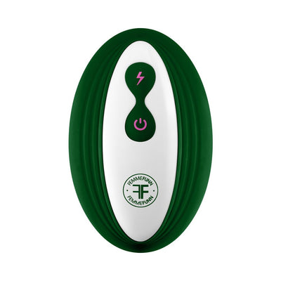 Dark green and white Femme Funn Ossia wearable vibrator with pink control buttons and logo on a white background.