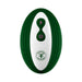 Dark green and white Femme Funn Ossia wearable vibrator with pink control buttons and logo on a white background.