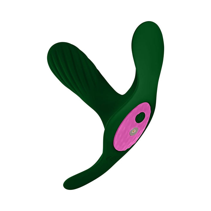 Dark green wearable vibrator with textured and smooth arms and a pink control panel with power button.