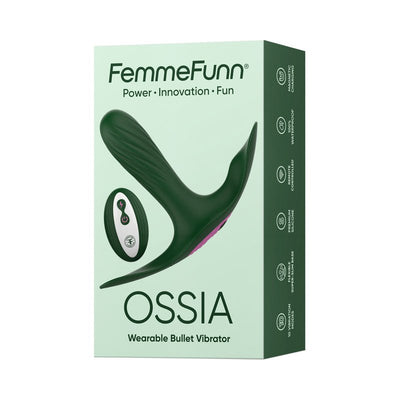 Femme Funn Ossia wearable bullet vibrator in dark green with wireless remote on product packaging box.