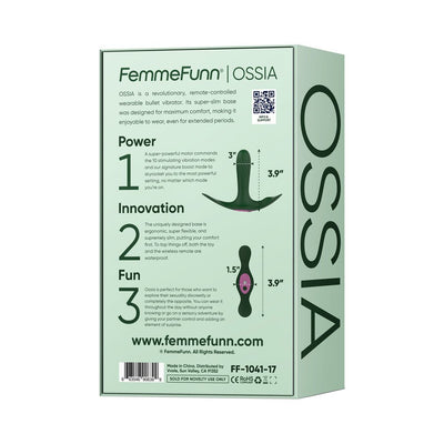 Femme Funn Ossia wearable vibrator packaging highlighting product features and dimensions in green box design.
