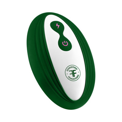 Dark green and white wireless remote control for Femme Funn Ossia wearable vibrator with pink power and boost buttons.