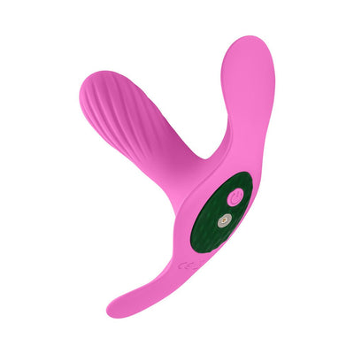 Pink Femme Funn Ossia wearable vibrator with textured and smooth silicone arms and a black control panel with power button.