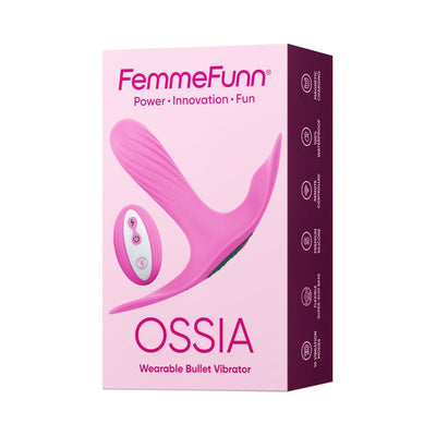 Packaging of Femme Funn Ossia wearable bullet vibrator in pink with wireless remote and product features listed on the side.