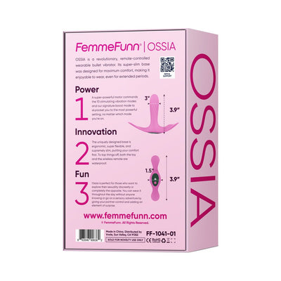 Packaging box for Femme Funn Ossia wearable vibrator in pink with product features and dimensions displayed.