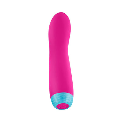 Pink silicone rotating bullet vibrator with blue textured base and control buttons, sleek ergonomic design.
