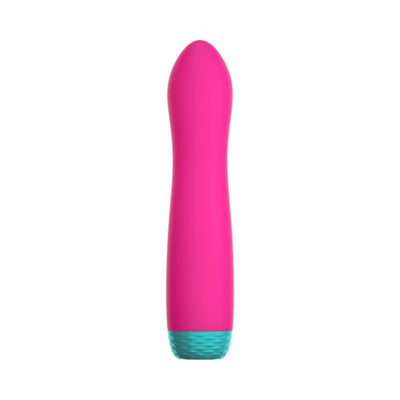 Pink silicone rotating bullet vibrator with textured turquoise base, sleek ergonomic design.