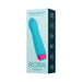 FemmeFunn Rora rechargeable blue silicone rotating bullet vibrator with pink base shown on product packaging box.