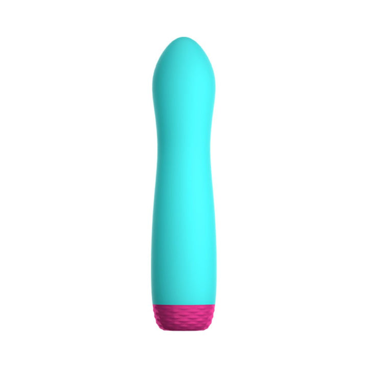 Turquoise silicone rotating bullet vibrator with textured pink base on white background.