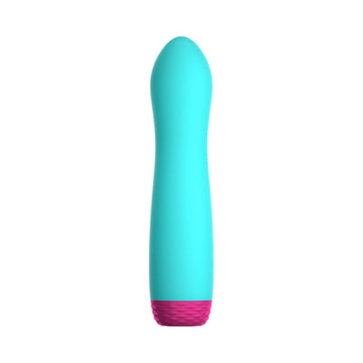 Turquoise silicone rotating bullet vibrator with textured pink base on white background.