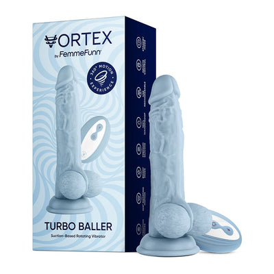 Light blue Turbo Baller rotating vibrator with suction base and wireless remote, displayed next to its packaging box.