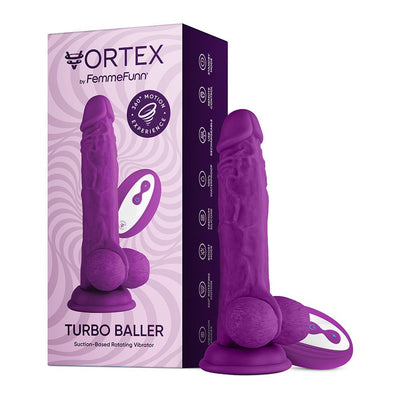 Purple Turbo Baller 2.0 rotating vibrator with suction base and wireless remote, displayed with packaging box.