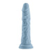 Blue silicone realistic textured shaft vibrator with suction base and control buttons on the side.