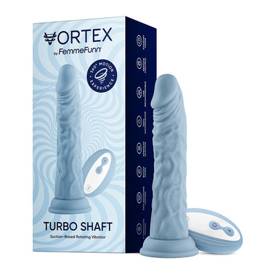 Light blue realistic textured rotating vibrator with wireless remote and packaging box showing product features.