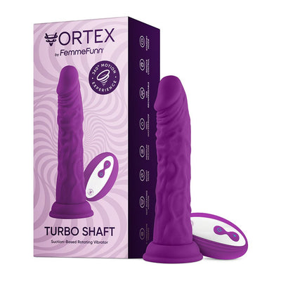 Purple silicone Turbo Shaft vibrator with remote control next to its matching box featuring product details and 360-degree motion experience.