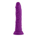 Purple textured silicone dildo with realistic shape and suction cup base, standing upright on a white background.