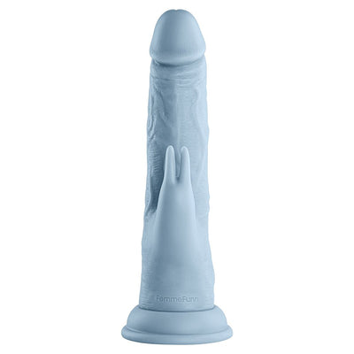 Light blue realistic textured dual-stimulation adult toy with rabbit-shaped clitoral stimulator and suction base.