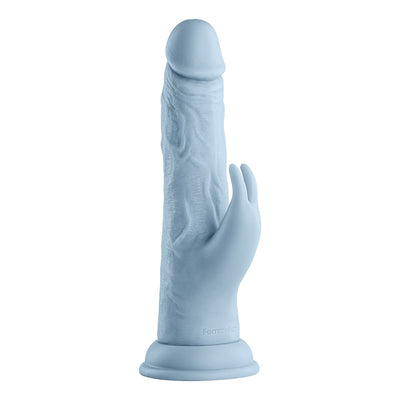 Light blue realistic textured Turbo Rabbit vibrator with dual stimulating heads and suction base.