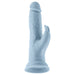 Light blue realistic textured silicone rabbit vibrator with dual stimulation and suction base.