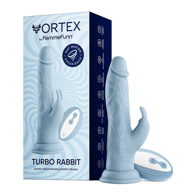 Light blue realistic textured rabbit vibrator with suction base and wireless remote, displayed next to its packaging box.
