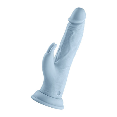 Light blue wireless Turbo Rabbit vibrator with dual stimulating heads and realistic texture on a white background.