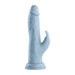 Light blue realistic textured dual-stimulation wireless adult toy with suction base and curved external arm.
