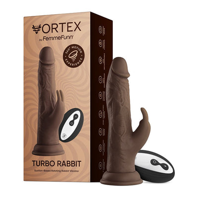 Brown Turbo Rabbit vibrator with suction base and wireless remote, shown with packaging box featuring product details.