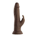 Realistic dark brown silicone Turbo Rabbit vibrator with dual stimulating heads and suction base on white background.