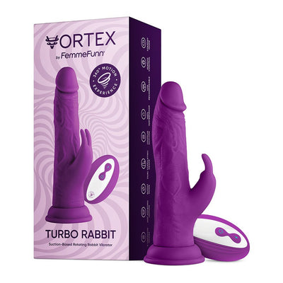 Purple Turbo Rabbit vibrator with suction base and wireless remote, shown next to its Vortex Series packaging box.