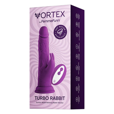 Packaging of Femme Funn Turbo Rabbit vibrator in purple with wireless remote and product features listed.