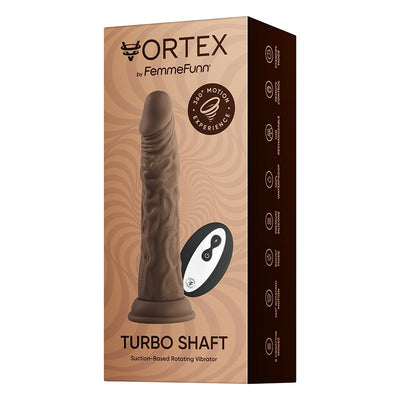 Packaging of Femme Funn Turbo Shaft wireless rotating vibrator in brown with remote control shown