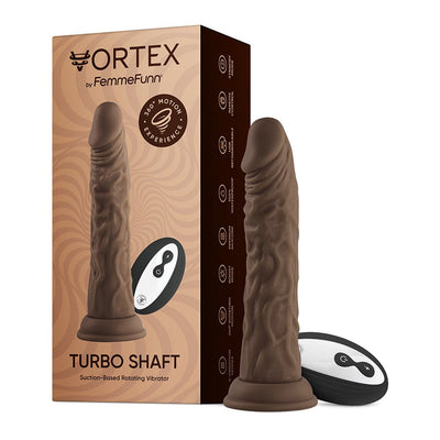 Brown realistic textured rotating vibrator with wireless remote and suction base next to product packaging.