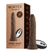 Brown realistic textured rotating vibrator with wireless remote and suction base next to product packaging.