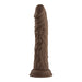Brown realistic textured silicone shaft with suction base, standing upright on white background.