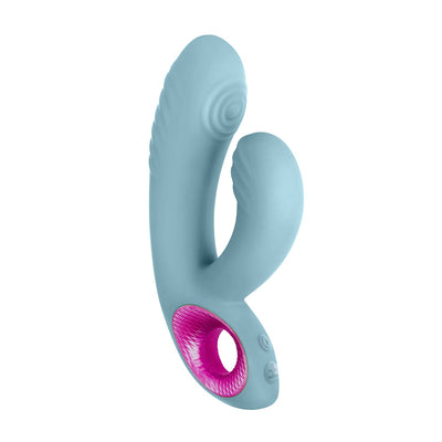Blue silicone dual-motor Femme Funn Cora Thumping Rabbit vibrator with textured pink grip and ergonomic design.