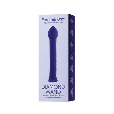 Femme Funn Diamond Wand in purple with textured design shown on white and purple packaging box.